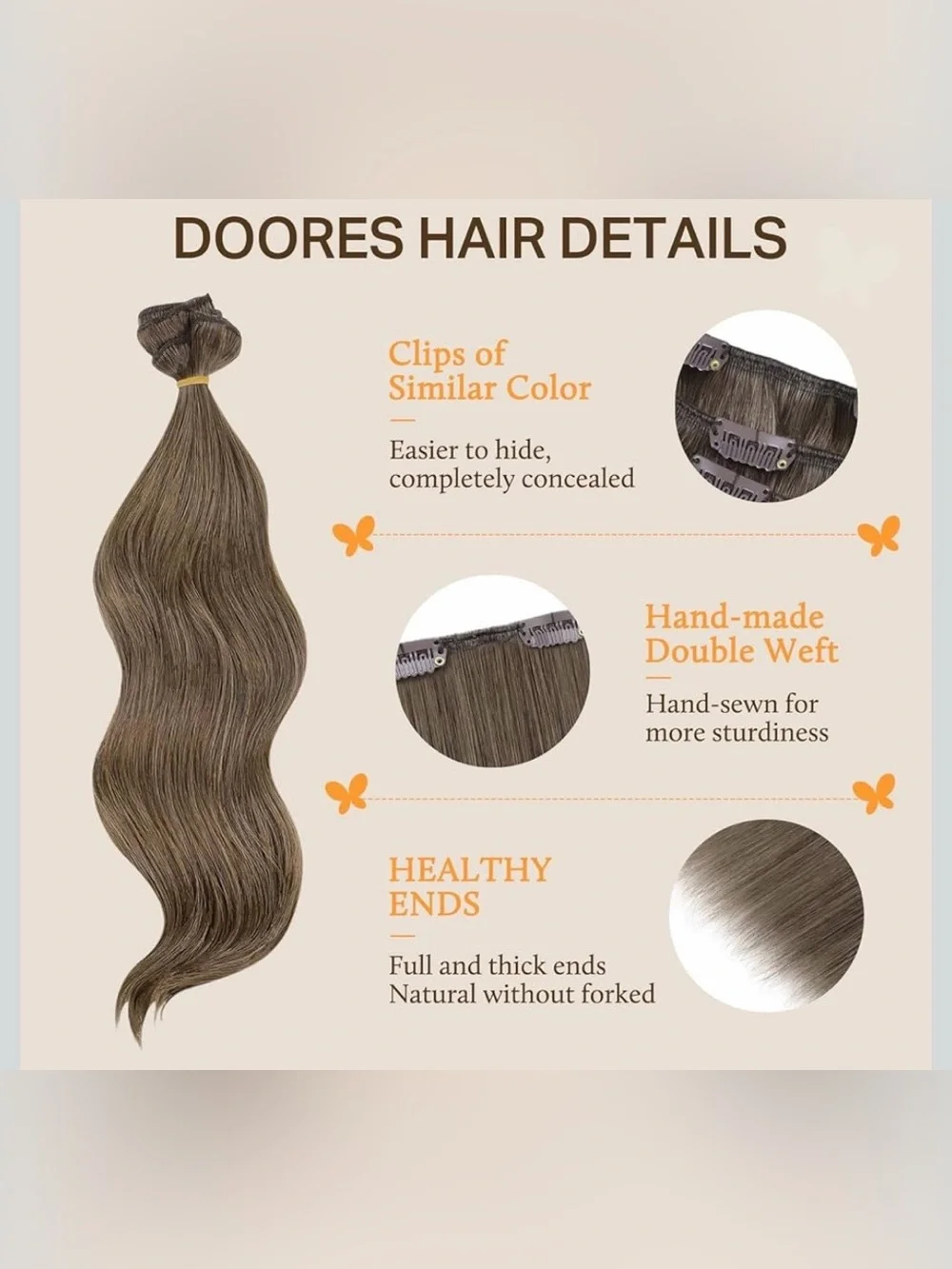 DOORES 100% Human Hair Clip-In Extensions 14” 100g 7pcs Light Ash Brown #5 NIB